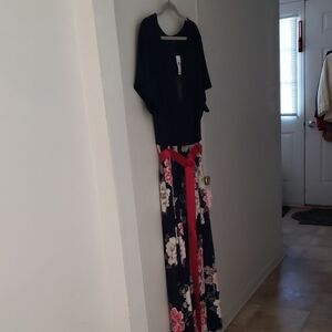 Navy Maxi Dress with Pink Floral Skirt and Sash